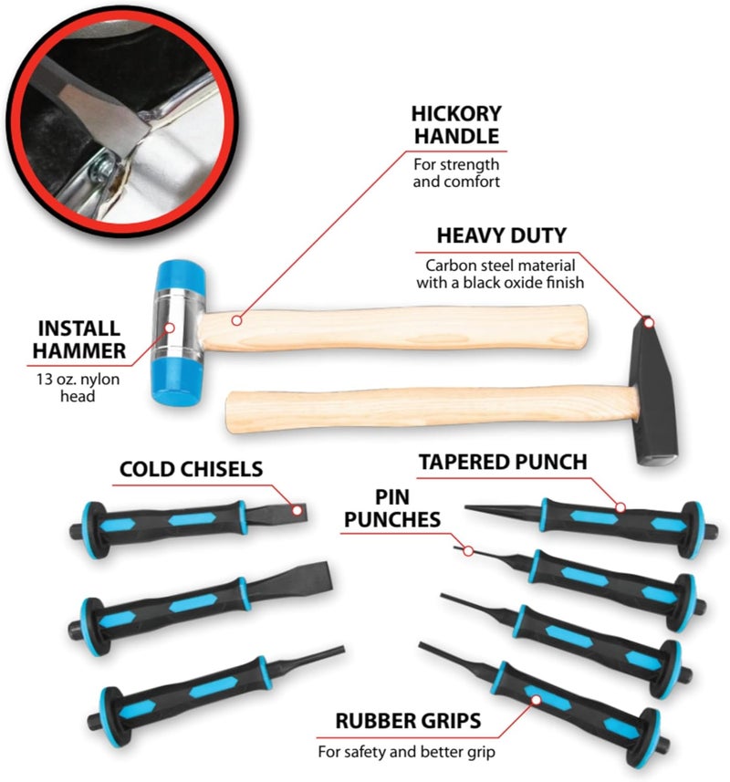 Performance Tool M7047 9 Pc. Hammer and Punch Set - Nylon Install Hammer, Machinist's Hammer, Cold Chisels, Pin Punches, Tapered Punch, Carbon Steel, Rubber Grips, Black/Orange - Image 2